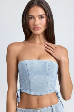 Oh Polly Co-Ords | Tops^Bandeau Lace-Up Corset Crop Top in Light Blue Stonewash LightBlueStonewash