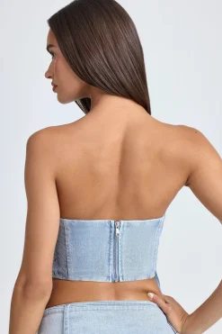 Oh Polly Co-Ords | Tops^Bandeau Lace-Up Corset Crop Top in Light Blue Stonewash LightBlueStonewash