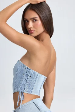 Oh Polly Co-Ords | Tops^Bandeau Lace-Up Corset Crop Top in Light Blue Stonewash LightBlueStonewash