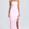 Oh Polly Wedding Guest | Homecoming Dresses^Bandeau Ruched Ruffle-Trim Maxi Dress in Blush