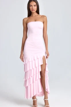 Oh Polly Wedding Guest | Homecoming Dresses^Bandeau Ruched Ruffle-Trim Maxi Dress in Blush