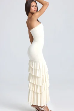 Oh Polly Bride To Be | Homecoming Dresses^Bandeau Ruched Ruffle-Trim Maxi Dress in Ivory