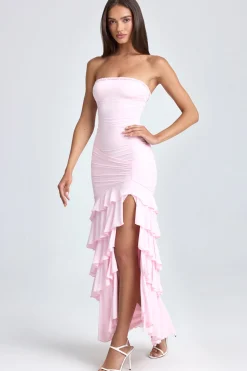 Oh Polly Wedding Guest | Homecoming Dresses^Bandeau Ruched Ruffle-Trim Maxi Dress in Blush