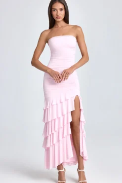 Oh Polly Wedding Guest | Homecoming Dresses^Bandeau Ruched Ruffle-Trim Maxi Dress in Blush