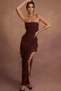 Oh Polly Wedding Guest | Mesh Dresses^Bandeau Ruffle Detail Maxi Dress in Brown