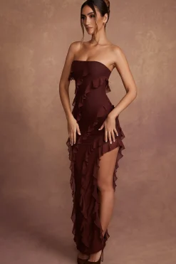 Oh Polly Wedding Guest | Mesh Dresses^Bandeau Ruffle Detail Maxi Dress in Brown