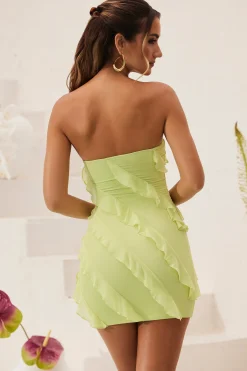 Oh Polly Mesh Dresses^Bandeau Ruffle Detail Mini Dress in Lime Green LimeGreen