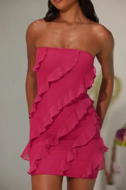 Oh Polly Mesh Dresses^Bandeau Ruffle Detail Mini Dress in Fuchsia