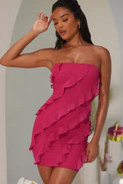 Oh Polly Mesh Dresses^Bandeau Ruffle Detail Mini Dress in Fuchsia