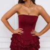 Oh Polly Skirts & Skorts | Party Dresses^Bandeau Ruffled Tiered Corset Mini Dress in Berry Red BerryRed