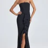 Oh Polly Georgette And Chiffon | Satin Dresses^Bandeau Ruffle-Trim Corset Gown in Black