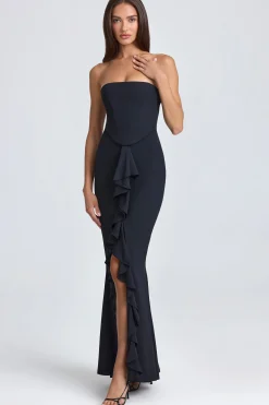 Oh Polly Georgette And Chiffon | Satin Dresses^Bandeau Ruffle-Trim Corset Gown in Black