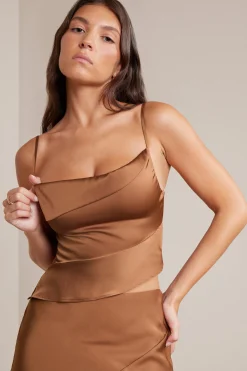 Oh Polly Women'S Clothing Sale - $65 And Under | Women'S Clothing Sale - $40 And Under^Bias Cut Satin Cowl Neck Crop Top in Mocha