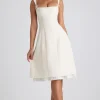 Oh Polly Georgette And Chiffon^Bow-Detail Pleated A-Line Midi Dress in Ivory