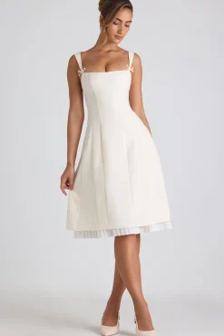 Oh Polly Georgette And Chiffon^Bow-Detail Pleated A-Line Midi Dress in Ivory