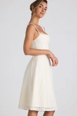 Oh Polly Georgette And Chiffon^Bow-Detail Pleated A-Line Midi Dress in Ivory