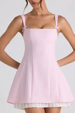 Oh Polly Georgette And Chiffon^Bow-Detail Pleated A-Line Mini Dress in Soft Pink SoftPink