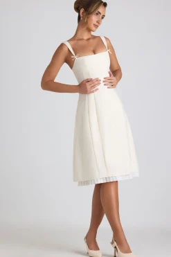 Oh Polly Georgette And Chiffon^Bow-Detail Pleated A-Line Midi Dress in Ivory