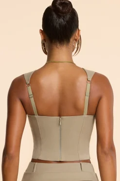 Oh Polly Co-Ords | Tops^Brushed Twill Square Neck Tailored Top in Taupe