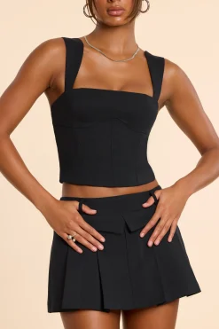 Oh Polly Co-Ords | Tops^Brushed Twill Square Neck Tailored Top in Black
