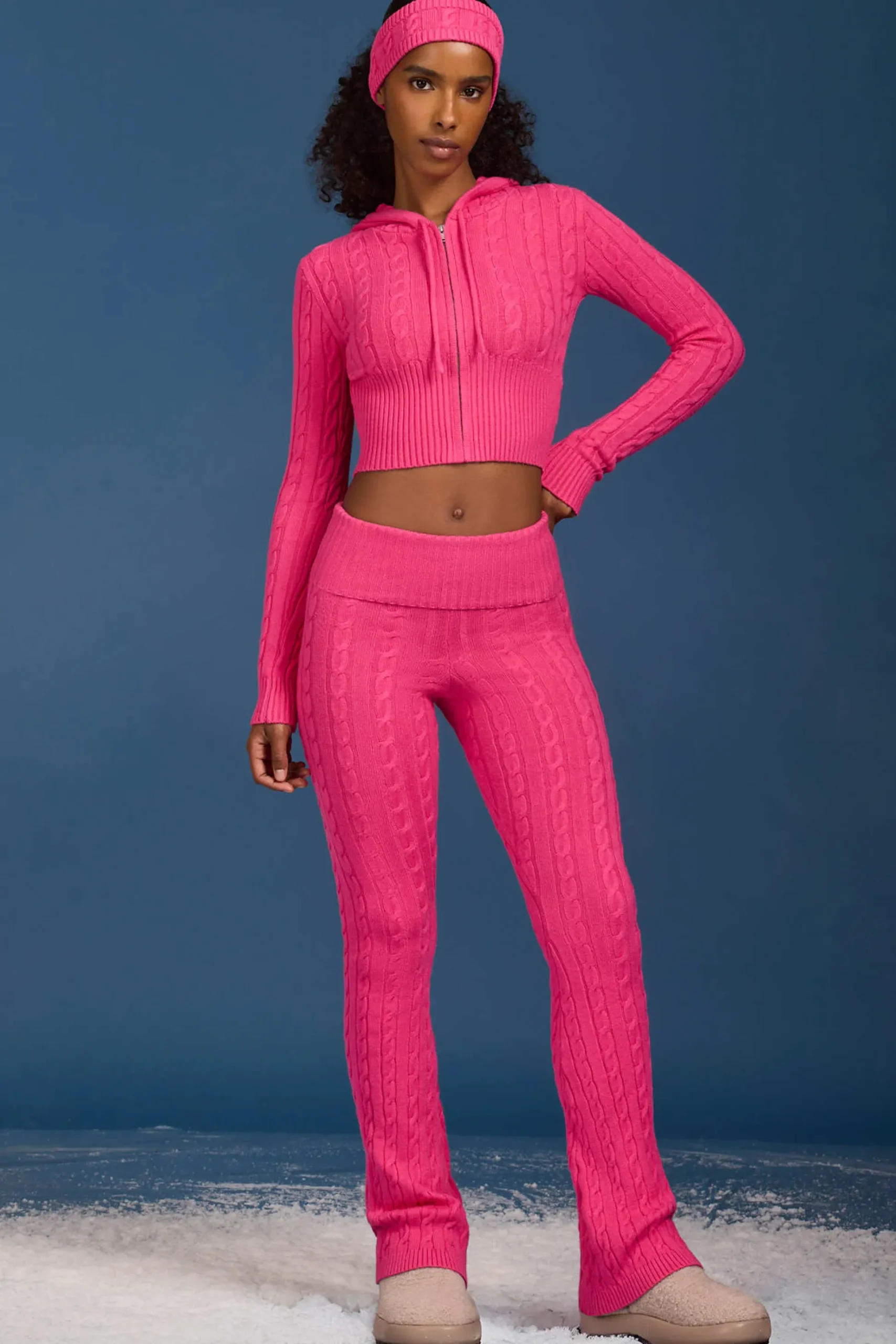 Oh Polly Knitwear^Cable-Knit Flared Trousers in Hot Pink HotPink