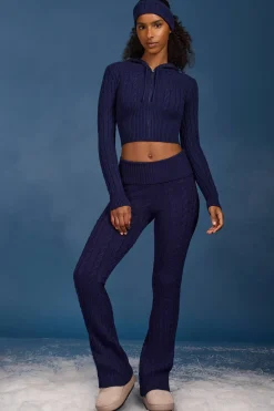 Oh Polly Knitwear^Cable-Knit Flared Trousers in Navy
