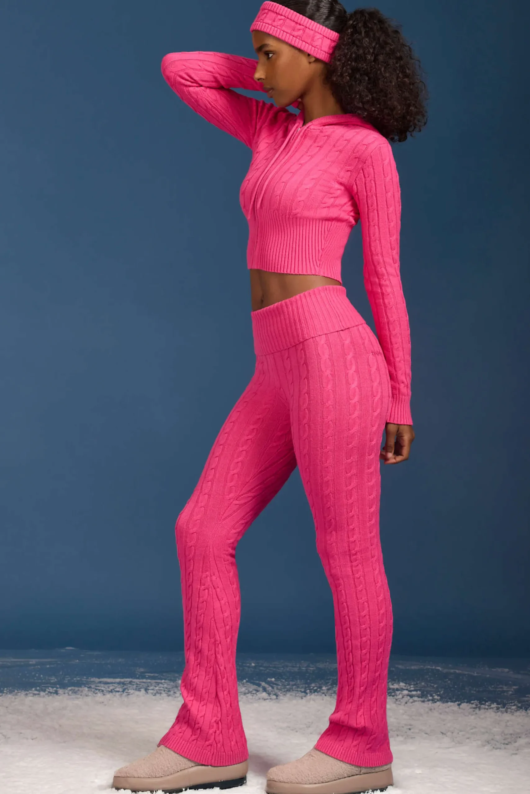 Oh Polly Knitwear^Cable-Knit Flared Trousers in Hot Pink HotPink