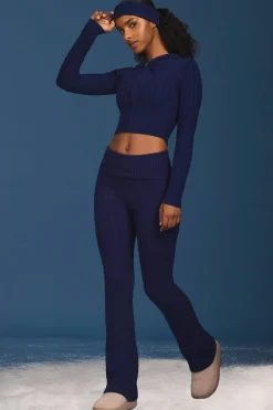 Oh Polly Knitwear^Cable-Knit Flared Trousers in Navy