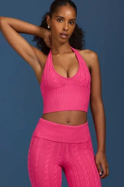 Oh Polly Knitwear | Tops^Cable-Knit Halterneck Crop Top in Hot Pink HotPink