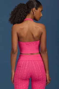 Oh Polly Knitwear | Tops^Cable-Knit Halterneck Crop Top in Hot Pink HotPink