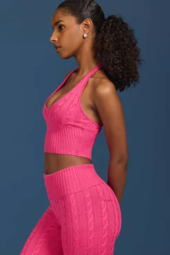 Oh Polly Knitwear | Tops^Cable-Knit Halterneck Crop Top in Hot Pink HotPink
