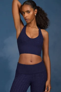 Oh Polly Knitwear | Tops^Cable-Knit Halterneck Crop Top in Navy