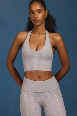Oh Polly Knitwear | Tops^Cable-Knit Halterneck Crop Top in Grey Marl GreyMarl
