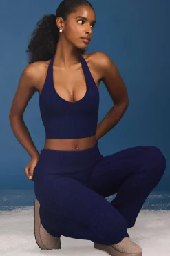 Oh Polly Knitwear | Tops^Cable-Knit Halterneck Crop Top in Navy