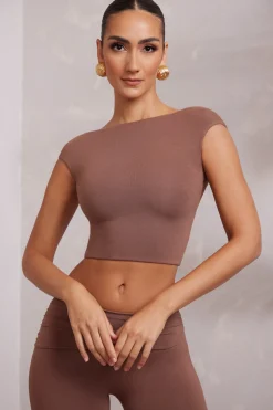 Oh Polly Tops | Elevated Essentials^Cap Sleeve Open Back Crop Top in Brown