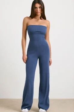 Oh Polly Knitwear^Chunky Knit Kick Flare Unitard in Washed Navy WashedNavy