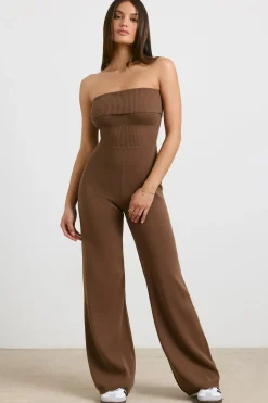Oh Polly Knitwear^Chunky Knit Kick Flare Unitard in Espresso