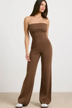 Oh Polly Knitwear^Chunky Knit Kick Flare Unitard in Espresso