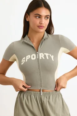 Oh Polly Tops^Colourblock Zip-Up Crop Top in Mineral