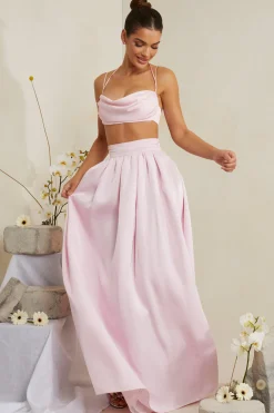 Oh Polly Co-Ords | Tops^Cowl Neck Heavy Satin Crop Top in Pink