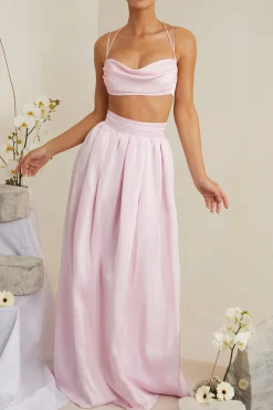 Oh Polly Co-Ords | Tops^Cowl Neck Heavy Satin Crop Top in Pink
