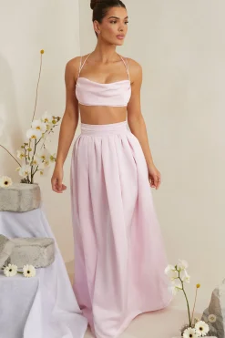 Oh Polly Co-Ords | Tops^Cowl Neck Heavy Satin Crop Top in Pink