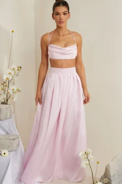 Oh Polly Co-Ords | Tops^Cowl Neck Heavy Satin Crop Top in Pink