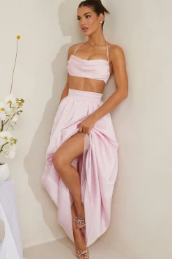 Oh Polly Co-Ords | Tops^Cowl Neck Heavy Satin Crop Top in Pink