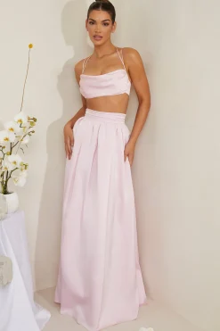 Oh Polly Co-Ords | Tops^Cowl Neck Heavy Satin Crop Top in Pink