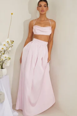 Oh Polly Co-Ords | Tops^Cowl Neck Heavy Satin Crop Top in Pink