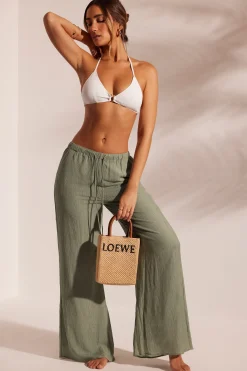 Oh Polly Cover-Ups^Crinkle Textured Beach Trousers in Light Green LightGreen