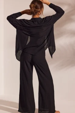Oh Polly Cover-Ups^Crinkle Textured Oversized Beach Shirt in Black