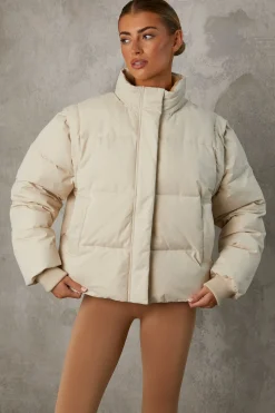 Oh Polly Coats^Cropped Puffer Jacket with Detachable Sleeves in Sand