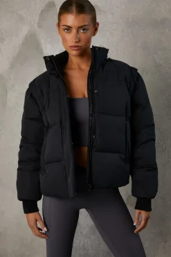 Oh Polly Coats^Cropped Puffer Jacket with Detachable Sleeves in Black